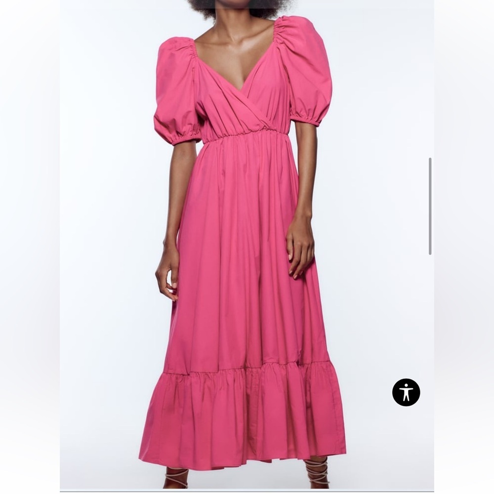 ZARA Hot Pink Puff‎ Bubble Sleeve Tiered Midi Dress Flowy Barbie Feminine XS